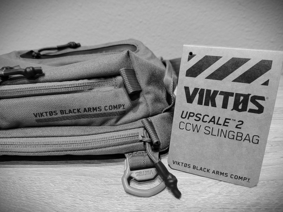 side view in black and white of Viktos Upscale 2 sling bag for CCW